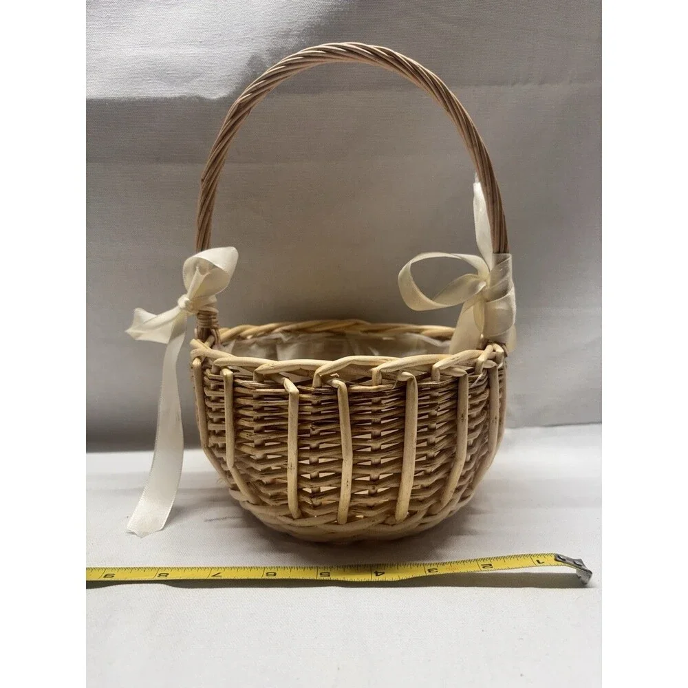 Rattan Flower Girl Basket Wicker Wedding Petal Basket Handwoven Rustic W/ Handle